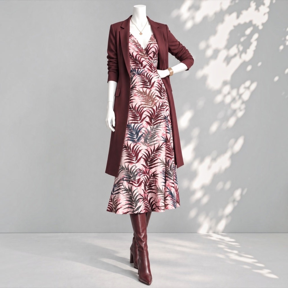 Sandro Paris Silk Wrap Midi Dress US 8 Pink Palm Print Boho Luxe Resort